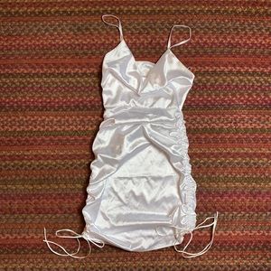 67- Satin Ruched Cowl Neck Mini Dress